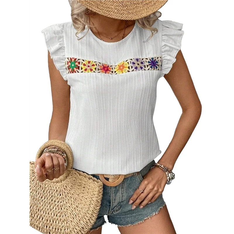 

【SEE】Women's Floral Embroidery Blouse Crew Neck Short Sleeve Summer Boho Shirt