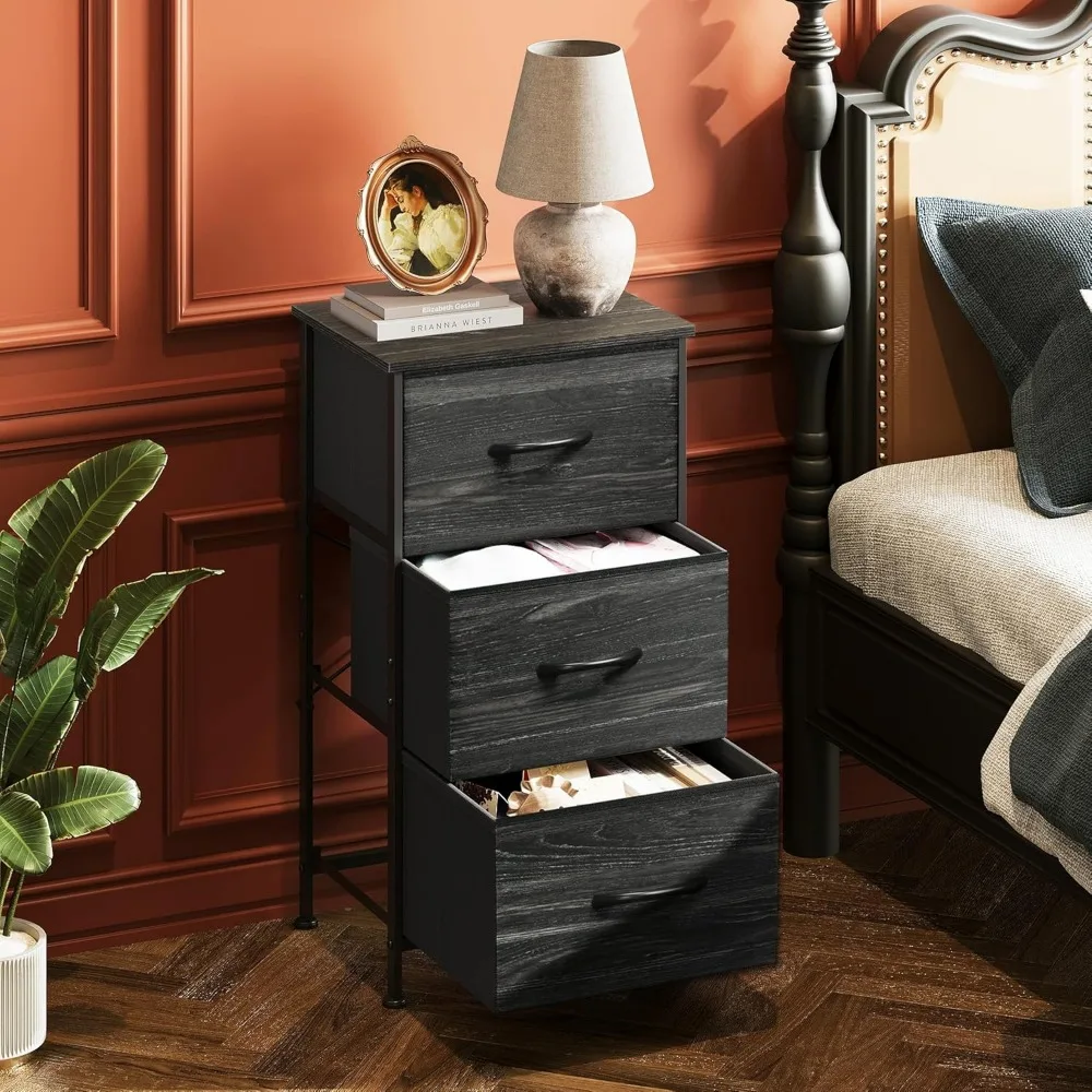 Nightstand with 3 Drawers, Fabric Dresser, Organizer Unit, Storage Dresser for Bedroom, Hallway, Entryway, Closets, Steel