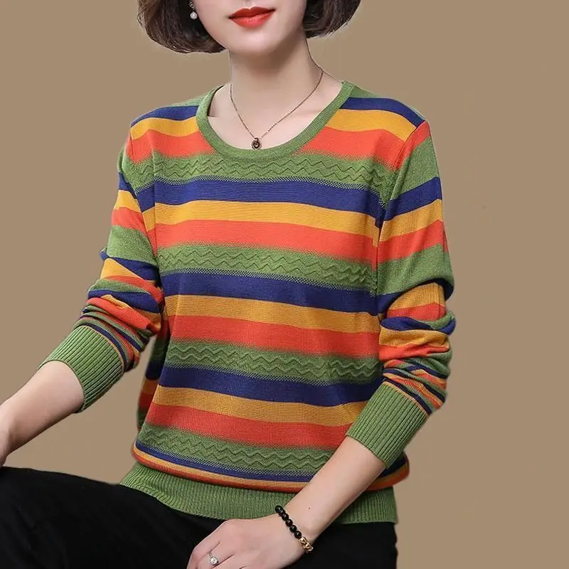 2023 Spring Autumn Fashion Thin Striped Knitted Tops Women\'s Clothing Korean All-match O-Neck Screw Thread Pullovers T-shirt