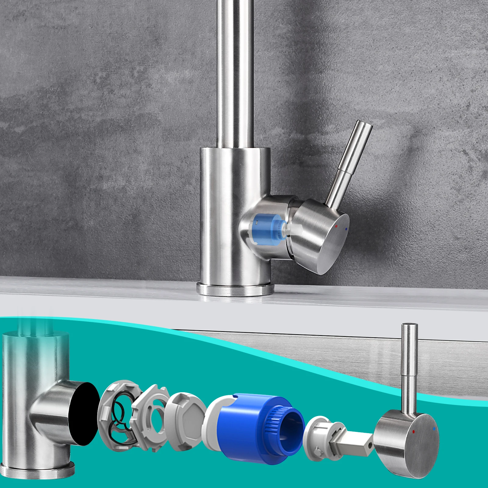 Edelstahl Küchenarmatur 360° ° Schwenkbarer Mischhahn aus gebürstetem Nickel mit Einzelgriff – Detail 4