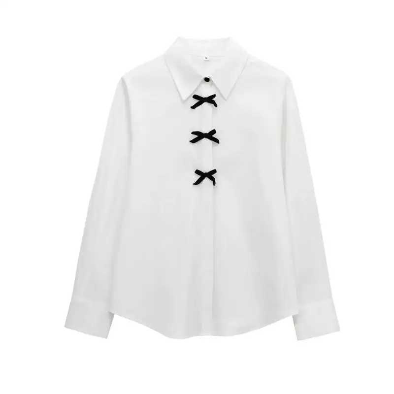 

Spring New Polka Dot Bow Tie Long Sve Turn-down Collar irt Straight Cut Commute Sle Regular Sve Polyester Fiber