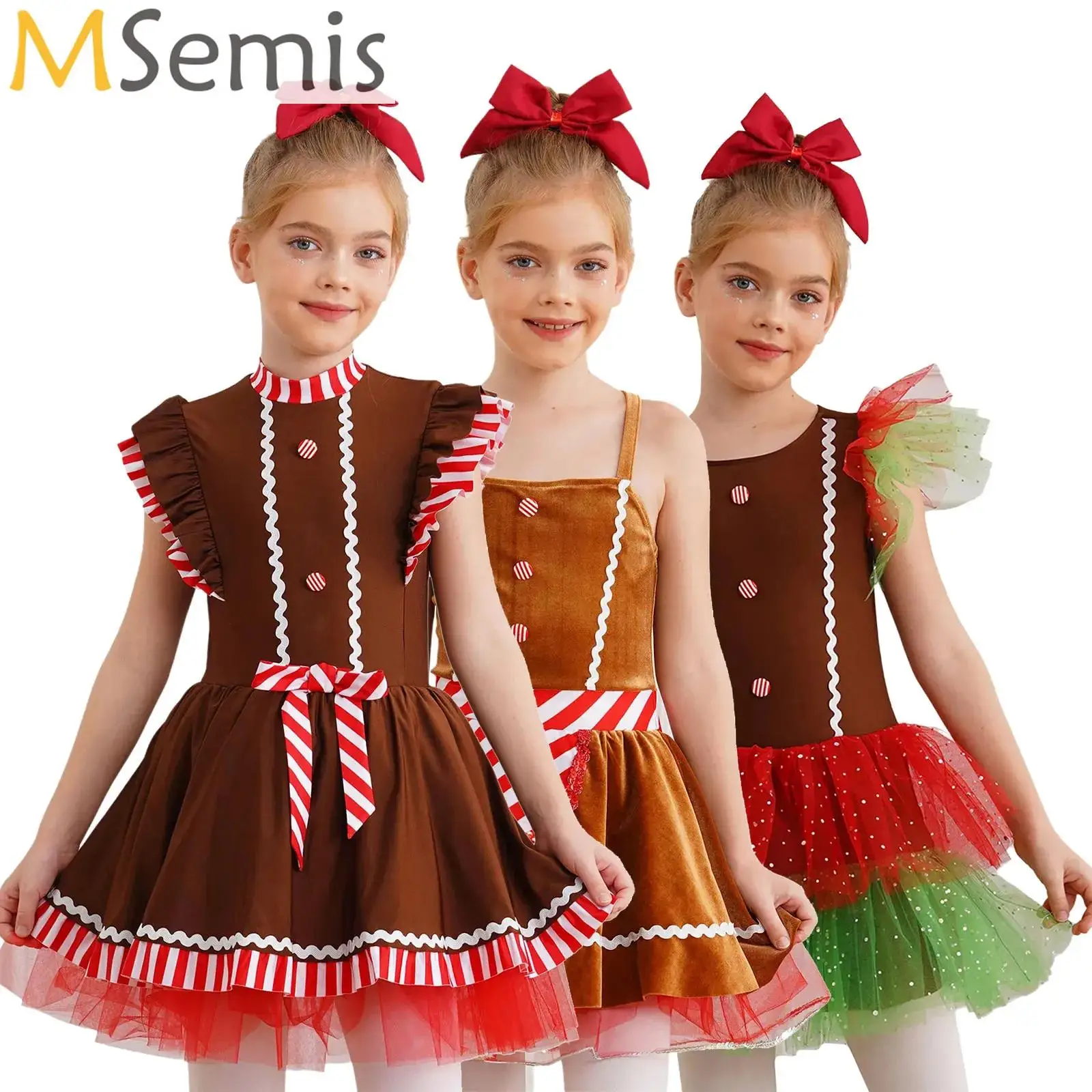 Kids Girls Christmas Gingerbread Man Costume Christmas Elf Candy Cane Santa Cosplay Dress Sleeveless Ballet Tutu Dress DanceweaR