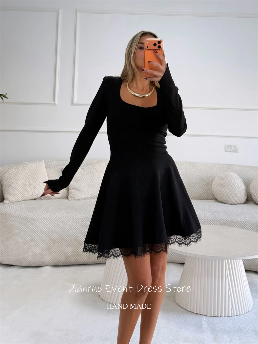 เดรสออกงานทรงเอ คอเหลี่ยม แบรนด์ Dianruo สีดำ แต่งจีบ ชุดงานเลี้ยง ชุดวันเกิด แขนยาว ความยาวสั้น รับตัดตามสั่ง