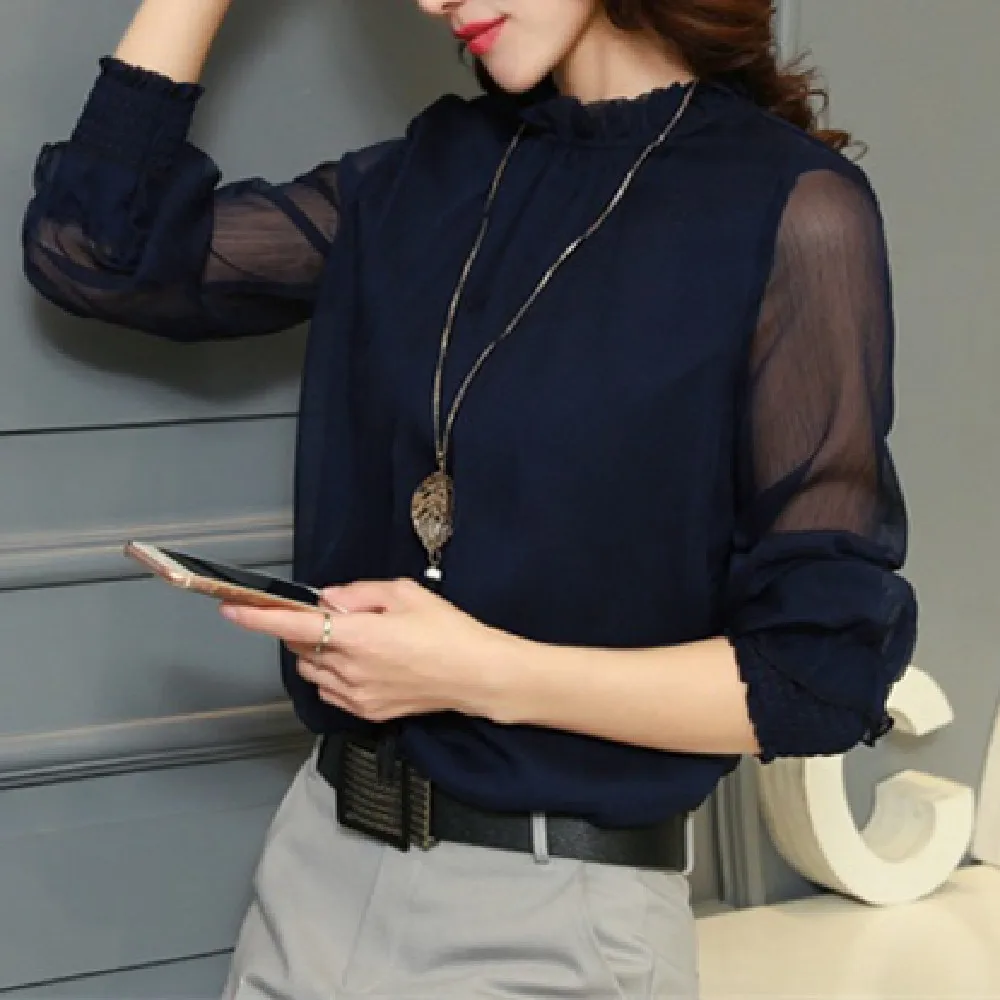 Chiffon Thin Patchwork See-through Long Sleeve Ruffle Top Summer Shirt And Blouses Women Clothing Elegant Office Lady Solid New