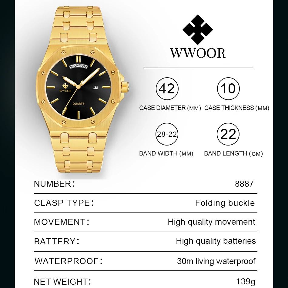 WWOOR Luxury Men Quartz Watch Waterproof Date Week Luminous Wristwatch Stainless Steel Men\'s Watches Male Clock Sports Reloj