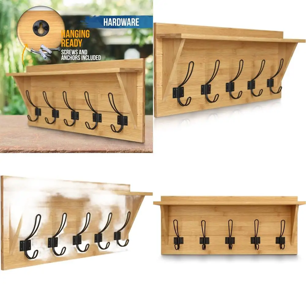 

Настенная вешалка для одежды из массива дерева с полкой и 5 крючками - Рустикальный органайзер для прихожей