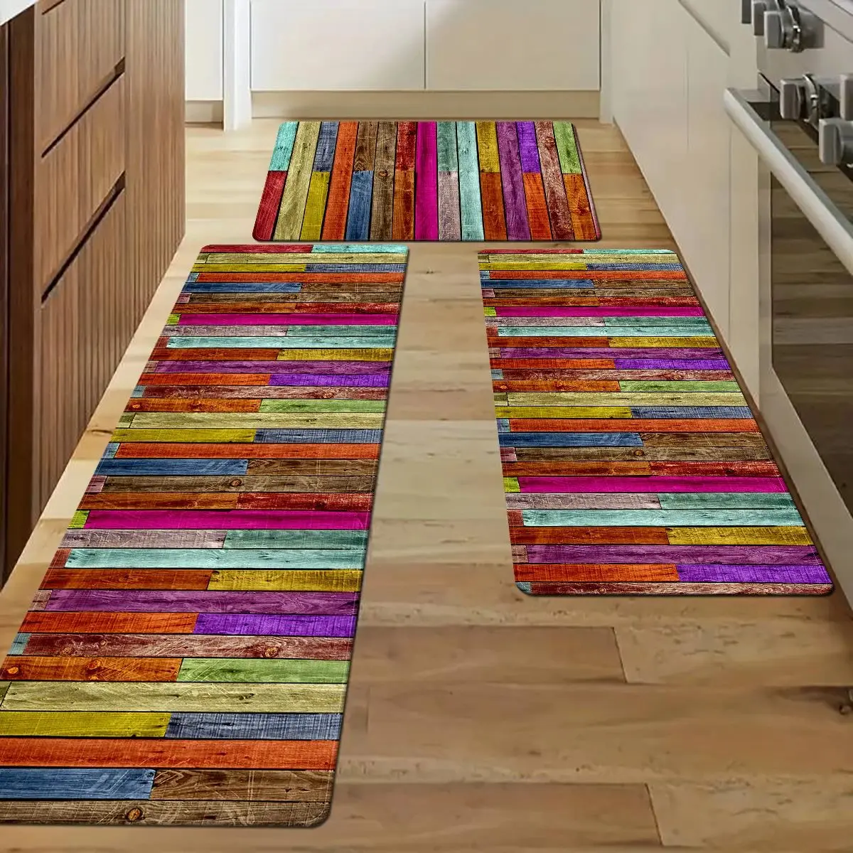 New Rainbow Wood Paneled Kitchen Floor Mats, Laundry Room Non-Slip Area Rugs for Bathroom, Entry Door, Home Decor Carpet