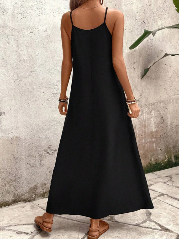 فستان نسائي أنيق كاجوال بكتف رفيع وبندول نسخة فضفاضة تنورة طويلة موضة الصيف فستان مطبوع عليه زهور