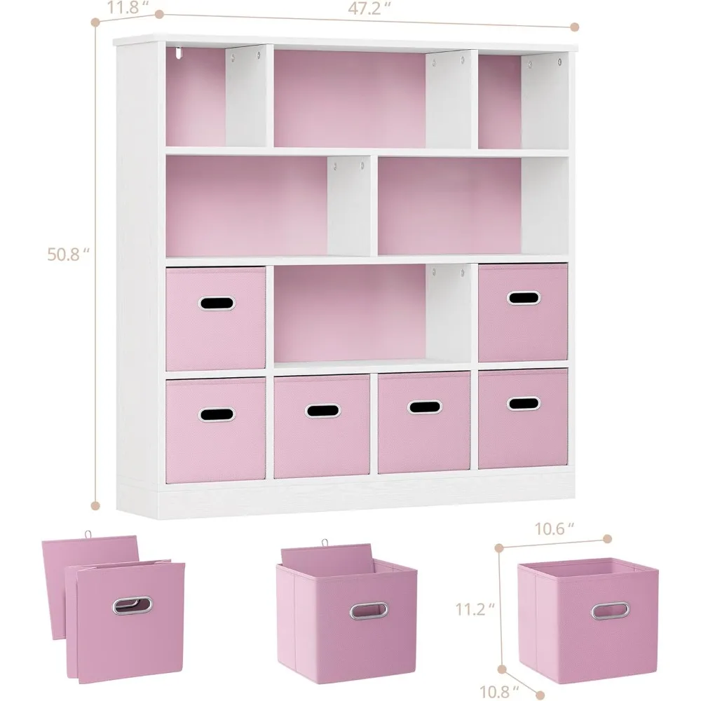 12칸 나무 수납 선반, 6개의 수납함, 어린이용 3단 책장, 장난감 및 책 보관함, 핑크색