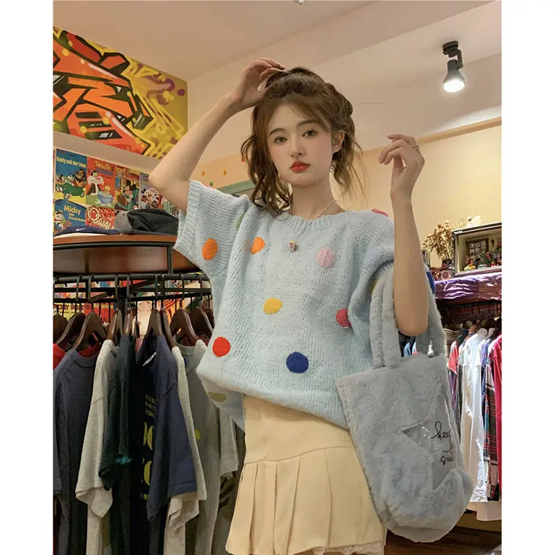 Aesthetic Clothes Graphic T Shirts Sweet Loose Short Sleeved Knitted Top Student Cute 3D Polka Dot Sweater Pink Jumper Knitwear