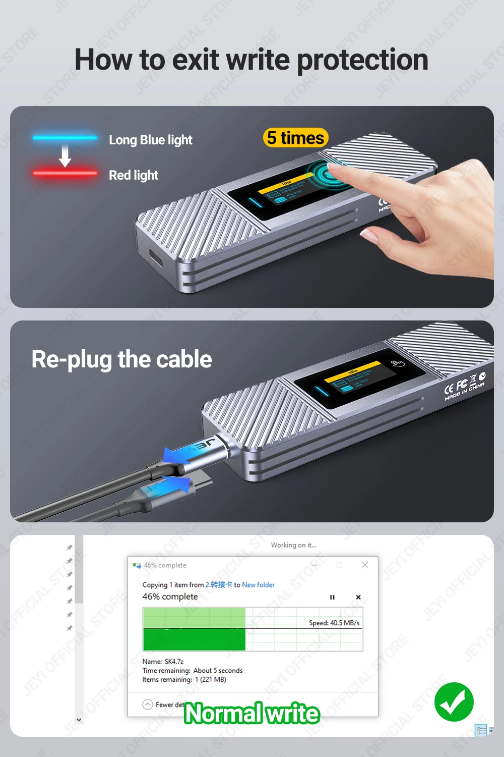 JEYI Visual Smart M.2 NVMe NGFF SSD-Gehäuse, unterstützt 5s-Schreibschutz, 3s Re-connect, USB 3.2 Gen2 10 Gbit/s, UASP-Trimmung – Detail 8