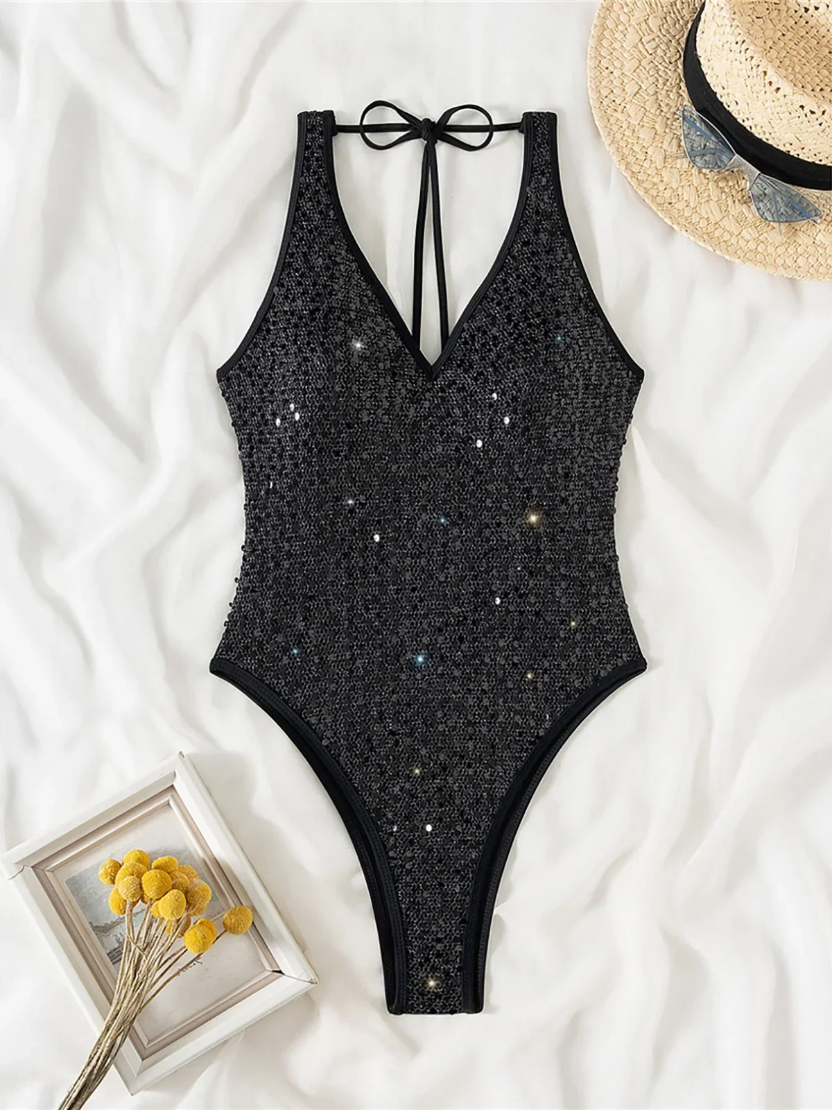 Sexy One Piece Swimsuit Female Bather Bathing Suit Swim Monokini High Cut Sparkling Sequins V Neck Backless Women Swimwear V6425