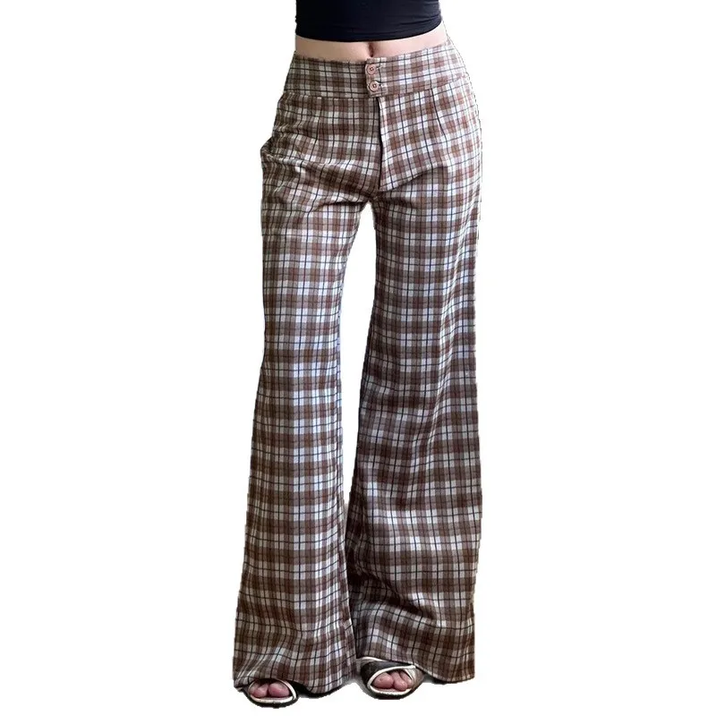 Women's Low Waist Plaid Flared Pants Vintage Y2K Streetwear Slim Fit Comfortable Versatile Casual Daily Trousers