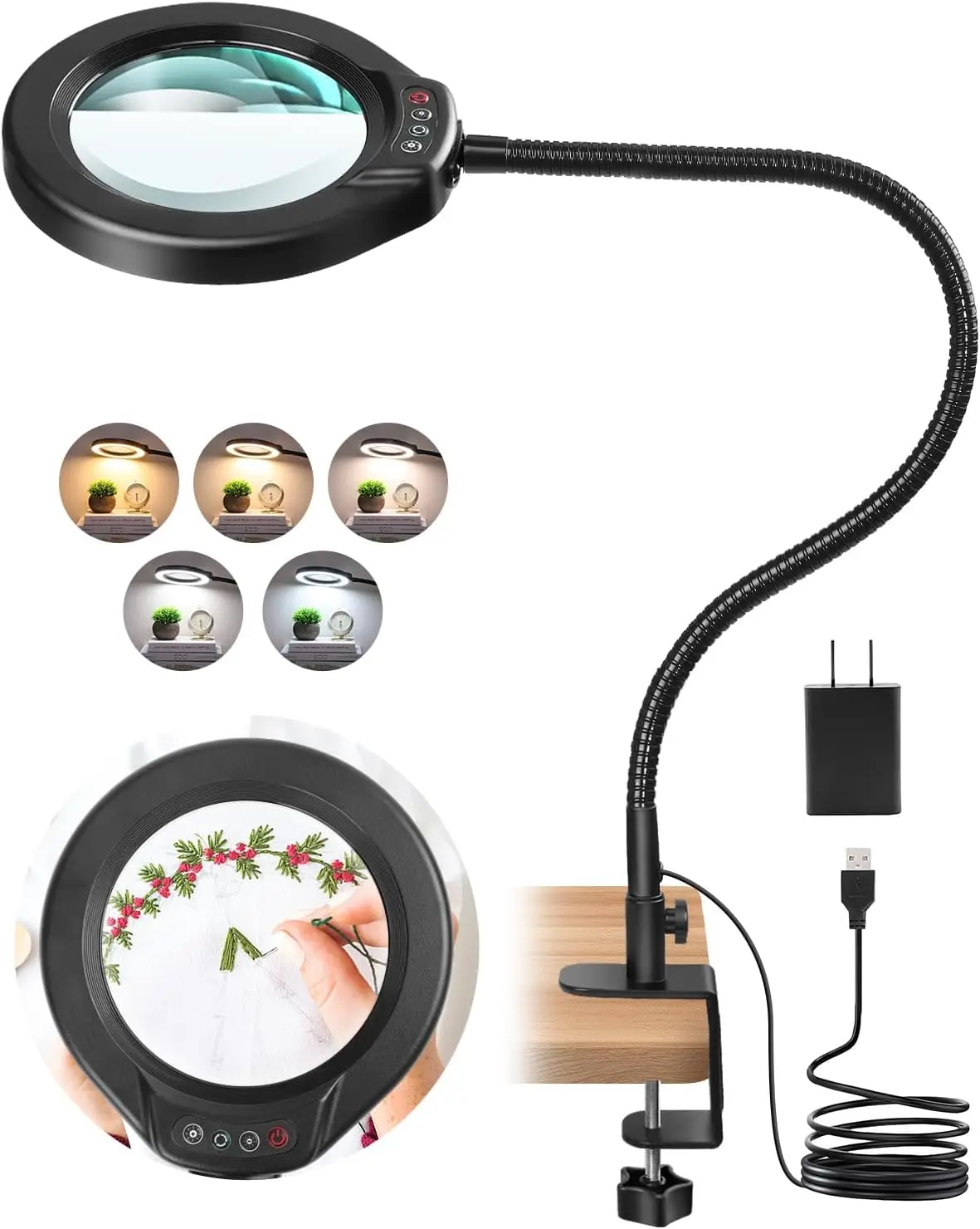 

5 Inch Magnifying Desk Lamp with Light, Clamp & Stand - Hands Free for Crafts, Jewelry