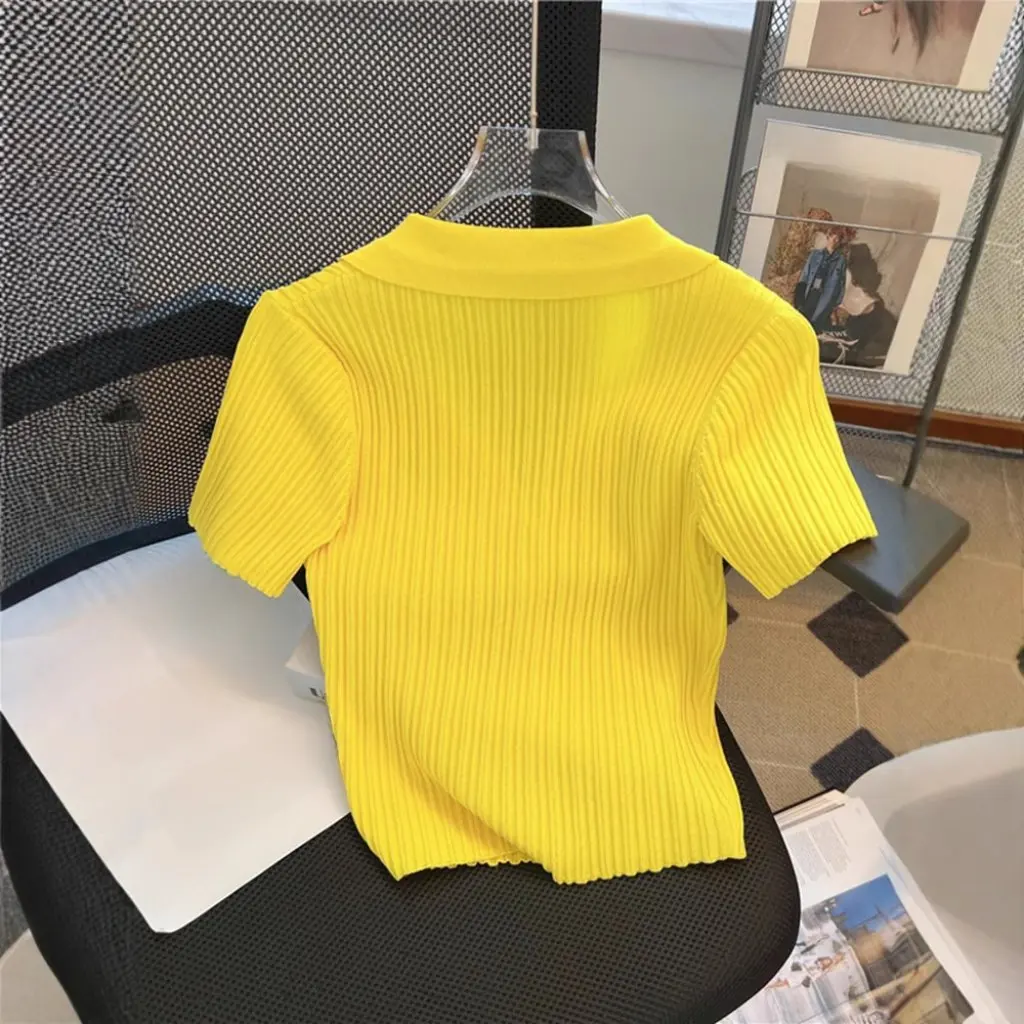 

Women's V-Neck Summer Top High Waist Ice Silk Knitted Short Polo Shirt French Style Small Size T-Shirt