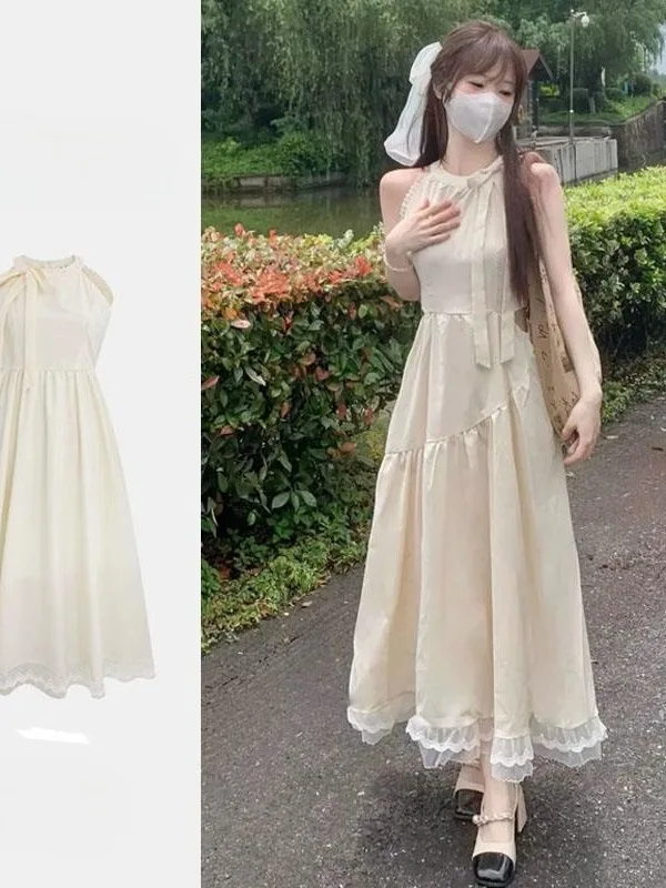 

French Tea Break Hanging Neck Sleeveless Dress Women's Summer Waist Closing Hollow out Design Feeling Small and Slim dress 846Z