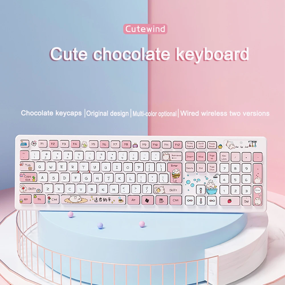 104 Keys Keyboard Kawaii Cartoon Cat Wireless Cute Silent Wired Gaming Keyboard For PC Computer Girl Gamer Pink Purple Keypad