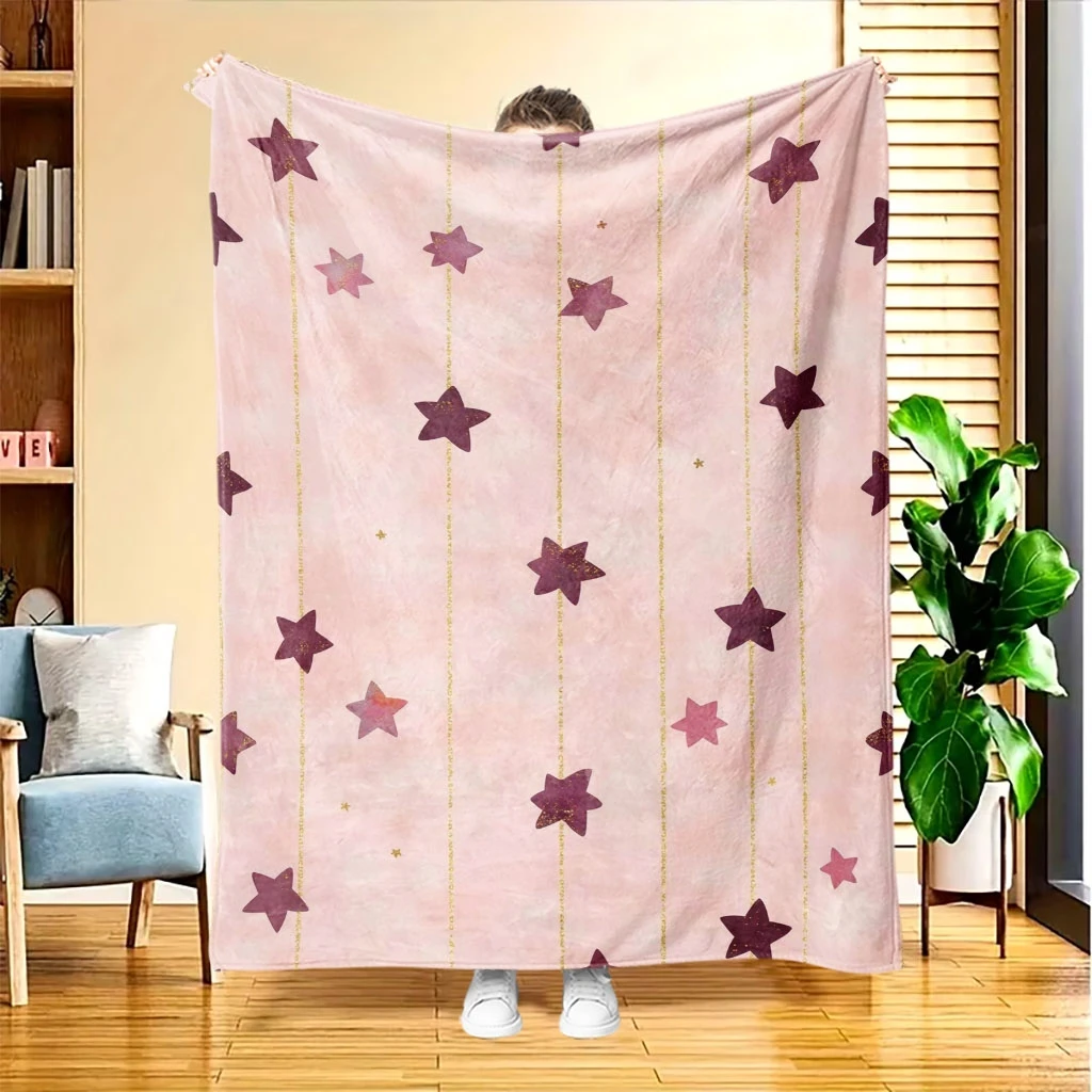 Light Pink Purple Star Golden Vertical Line Flannel Throw Blanket, Soft Warm Blanket For Sofa Bed , Star Pattern Home Decor Gift