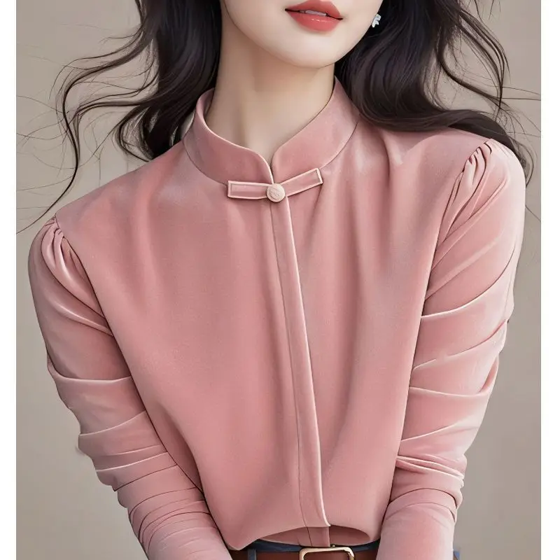 Ele Pink Collar Long Sve Women's irt New Chinese Sle Versatile Spring Autumn Faionable Anti-Aging Small Top