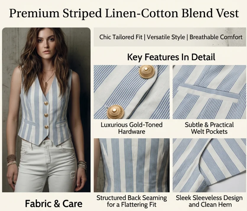 Neuheiten für Frühling Sommer Herbst | Elegante Gestreifte Baumwollweste, Ärmellose Weste mit Einzigartigen Metallknöpfen & Dekorativen Elementen – Detail 2