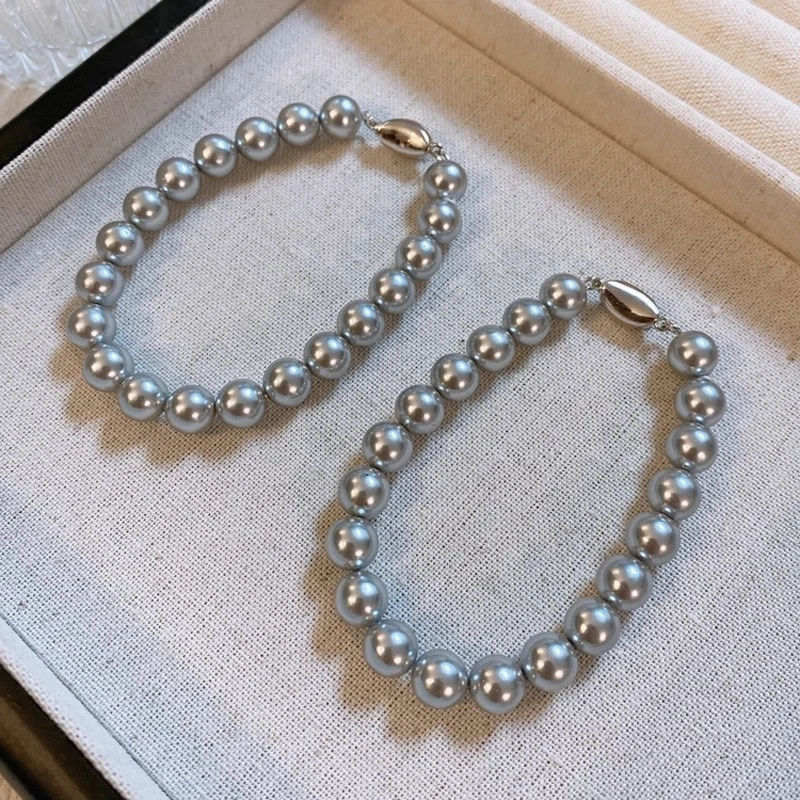 New 925 silver ingot clasp Akoya pearl bracelet for women, elegant French vintage gray-blue high-end jewelry