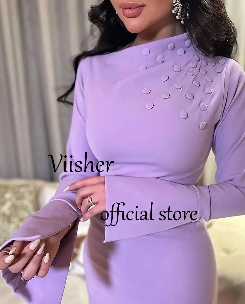 Lavender Satin Mermaid Evening Dress Long Sleeve V Neck Arabian Formal Dress Tea Length Elegant Occasion Prom Gown