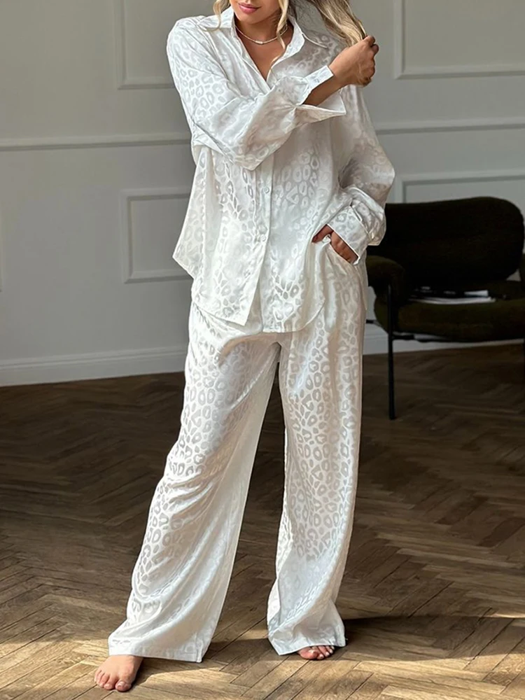 HiLoc Elegant White Jacquard Pants Women\'S Sleepwears Fashion Long Sleeve Loose Shirts Autumn Wide Leg Pants Pajamas Sets Female