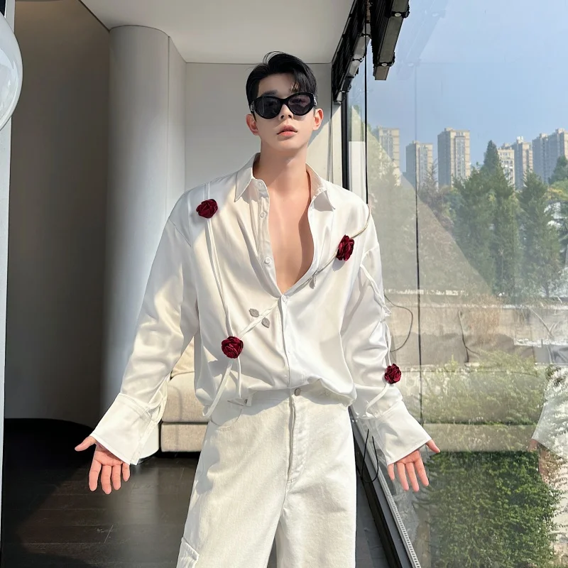 Autumn Rose Design Long Sve Smooth Dra Men Women irt Stand Fit Tee Acetate Youth Trend Polyester Fiber Non Iron