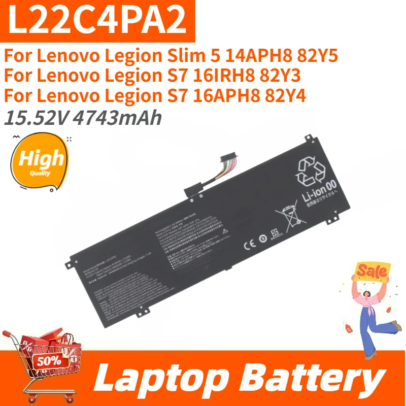 High Quality 15.52V 4743mAh L22C4PA2 Laptop Battery For Lenovo Legion Slim 5 14APH8 82Y5, S7 16IRH8 82Y3 16APH8 82Y4 Brand New