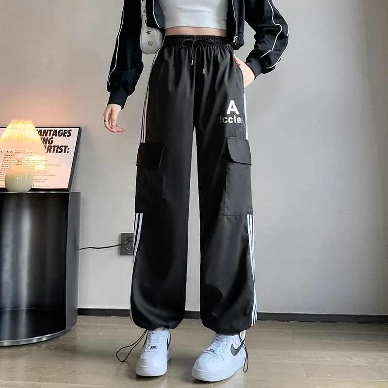 

New American Style Cargo Pants Women Striped Straight Leg Loose Full Length Drawstring Casual Sports Versatile Sweatants Female