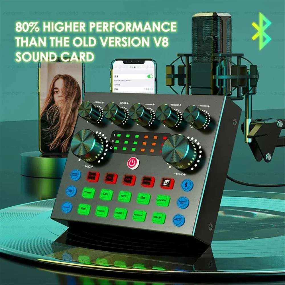 마이크 세트 장치 V8S 라이브 사운드 카드 팟캐스트 장비 음악/녹음 라이브 스트리밍 DJ 디스코 장치 포함 번들
