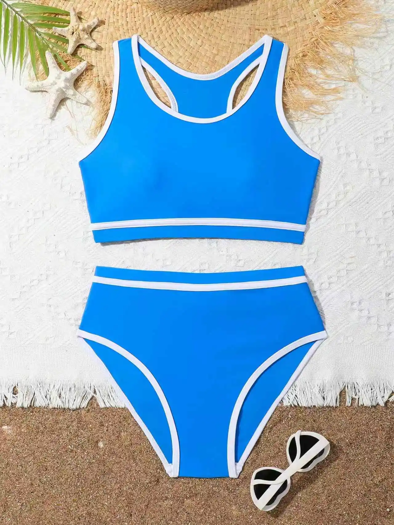 Girls 2 Piece Bathing Suit, Blue White Contrast Trim Racerback High Waist Soft Stretchy for Beach Pool Summer Vacation