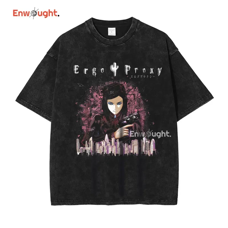 Ergo Proxy T Shirt Anime Mayer Re-l Oversized Vintage Washed T-shirts Streetwear Retro Manga DTG Printing Tops Tees Men Cotton