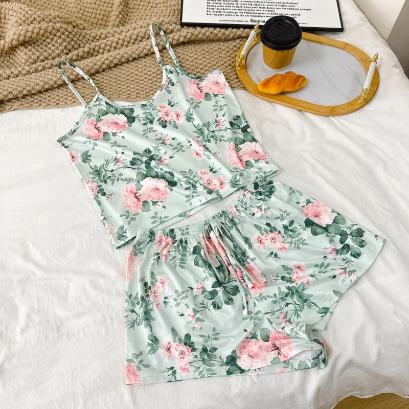 4-teiliges Sommer-Set für Damen: Atmungsaktives, bedrucktes ärmelloses Top und Shorts, hochwertige, ultradünne Freizeitkleidung, Damen-Schlafanzug – Detail 25