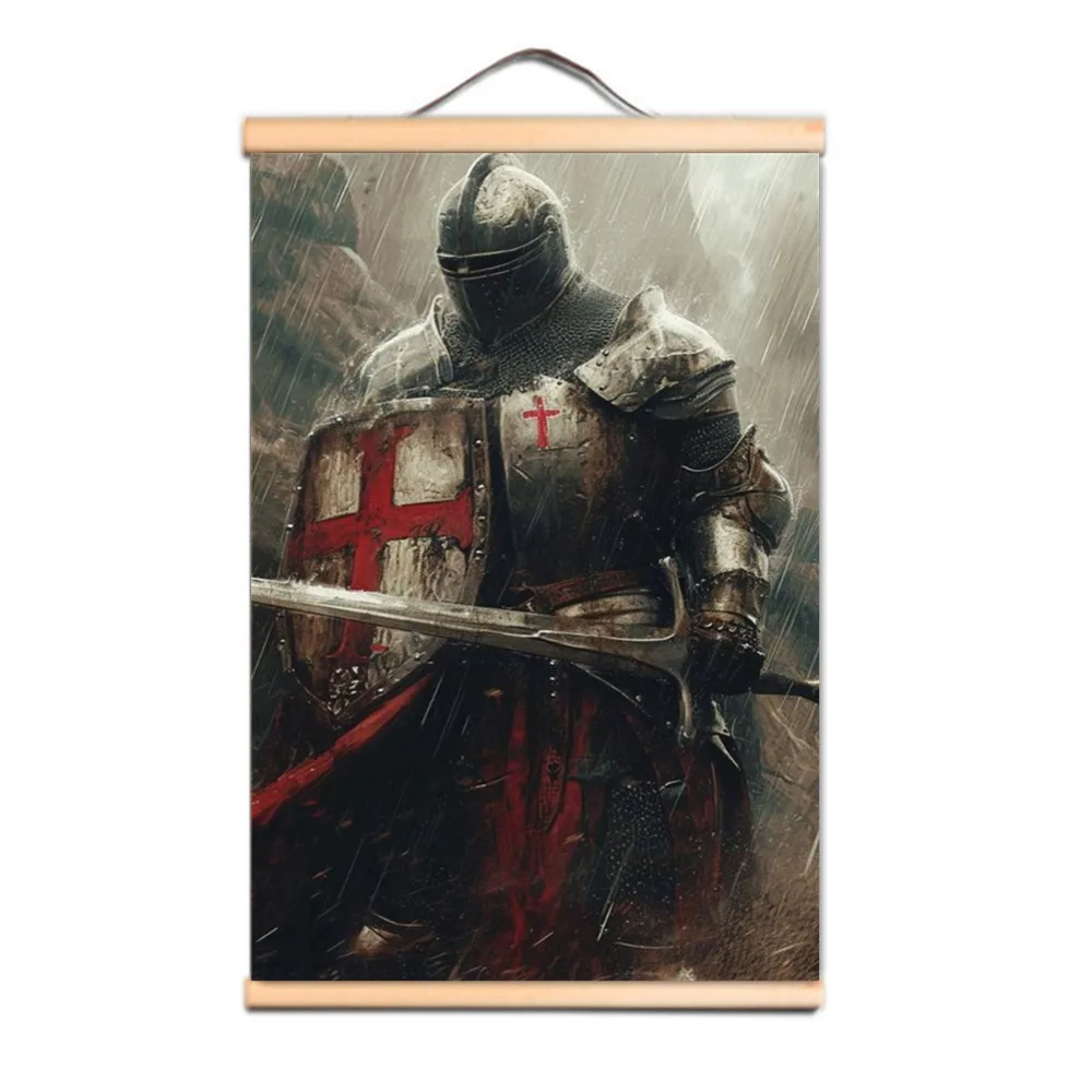 Christian Crusaders Wall Hanging Flag Vintage Home Decor Knights Templar Art Posters Canvas Scroll Painting with Solid Wood Axis