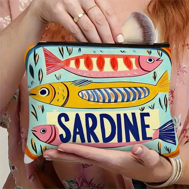 Playful Sardines Pattern Makeup Bag Lightweight Travel Cosmetic Organizer Pouch with Zipper Closure Casual Chic Design Unisex