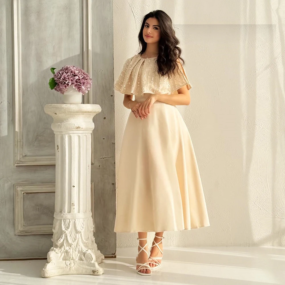 Elegant Party Dresses for Women Beading Cape A Line Short Cocktail Gowns Midi Tea Length Scoop Pleated Modern Party Dress 2025