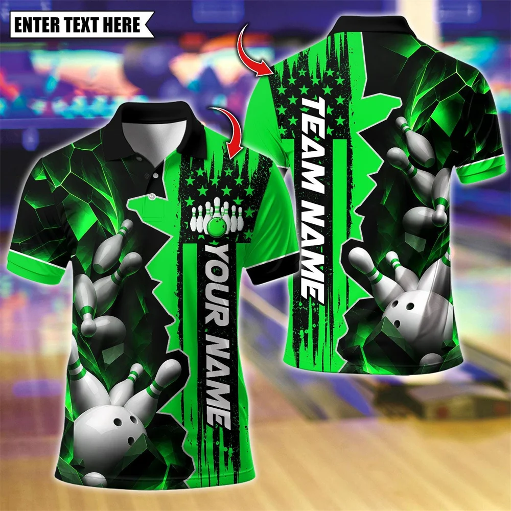 3D Bowling Ball Pins Splash Print Polo Shirt Men Custom Short Sleeve Personalized Team Name Summer Breathable Sports Tops New