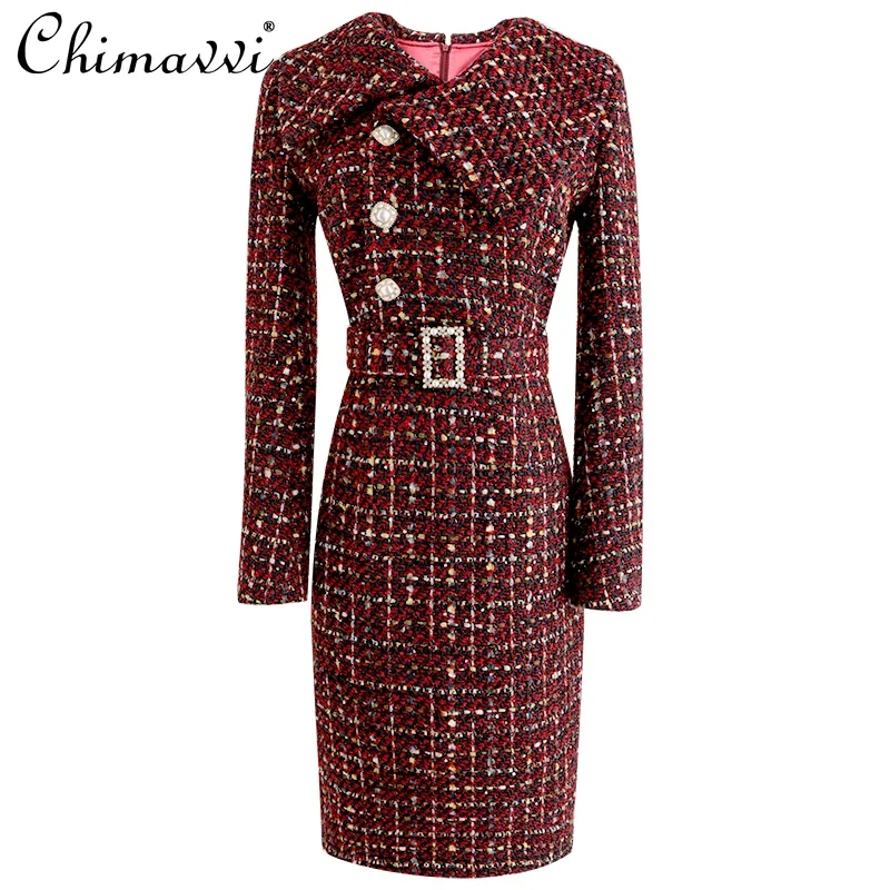 

2024 New French Autumn and Winter Red Woolen High-end Exquisite Large Lapel Waist Thin Hip-wrapped Dress For Women