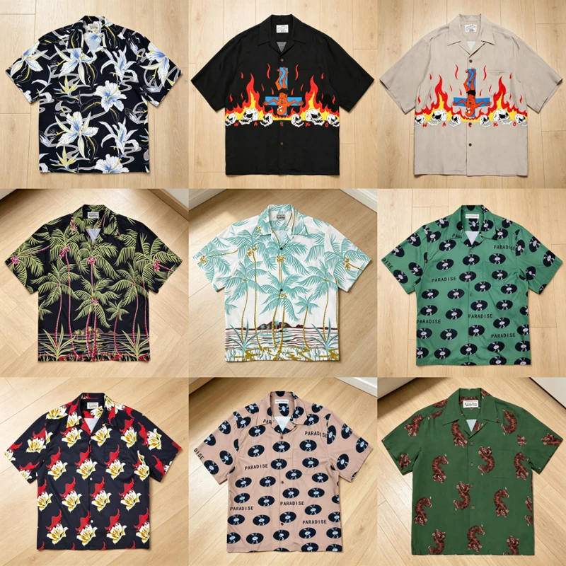 

Japanese Style WACKO MARIA Aloha Shirt Streetwear Creative Pattern Print Short Sleeves Casual Beach Hawaiian Shirt