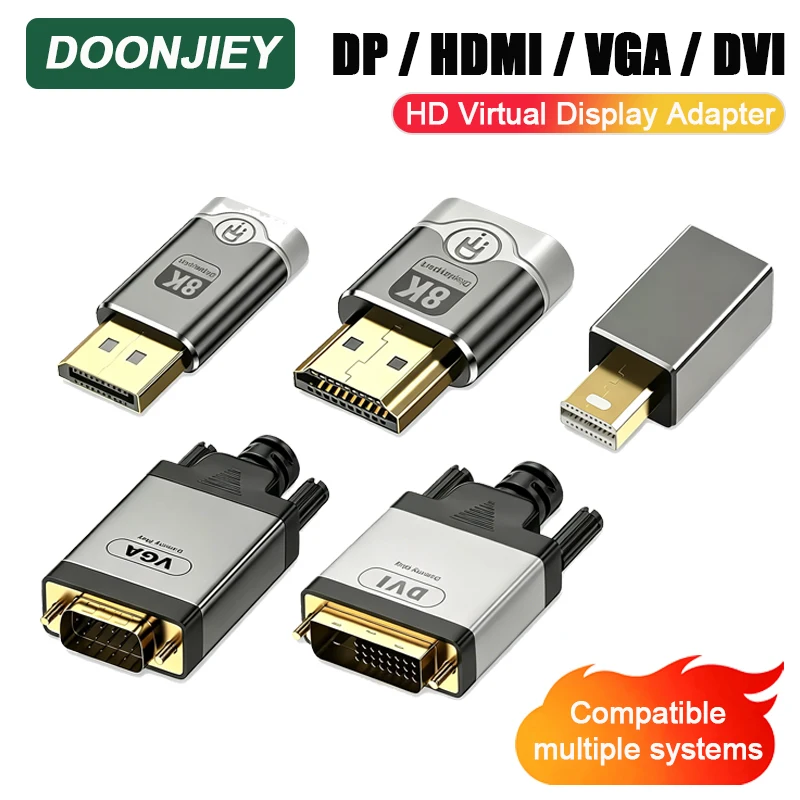 DOONJIEY 8K 4K Virtual Display Adapter DP HDMI VGA DVI Mini DP Type-C EDID Emulator Virtual Display For Laptop Remote Anti-Sleep