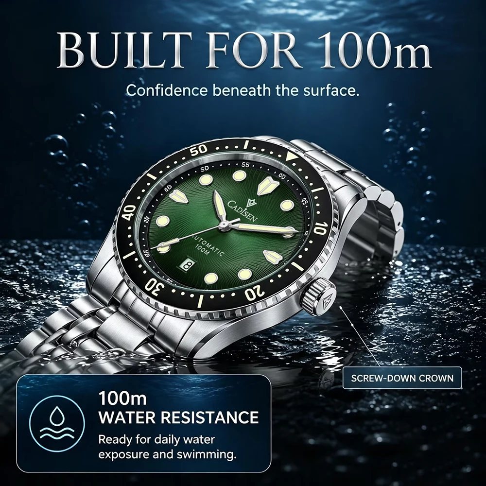 CADISEN Automatic Sapphire Watch MIYOTA 8215 Mechanical Wristwatch Ceramic Ring 316L Stainless Steel 100ATM Waterproof Watch Men