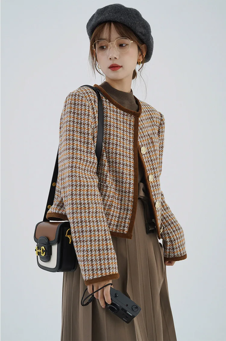 Jaket Pendek Kotak-kotak Elegan Antik Pakaian Luar Wol Musim Dingin Wanita Mantel Leher Bulat Houndstooth Mantel Chic Hangat Retro Kasual Wanita