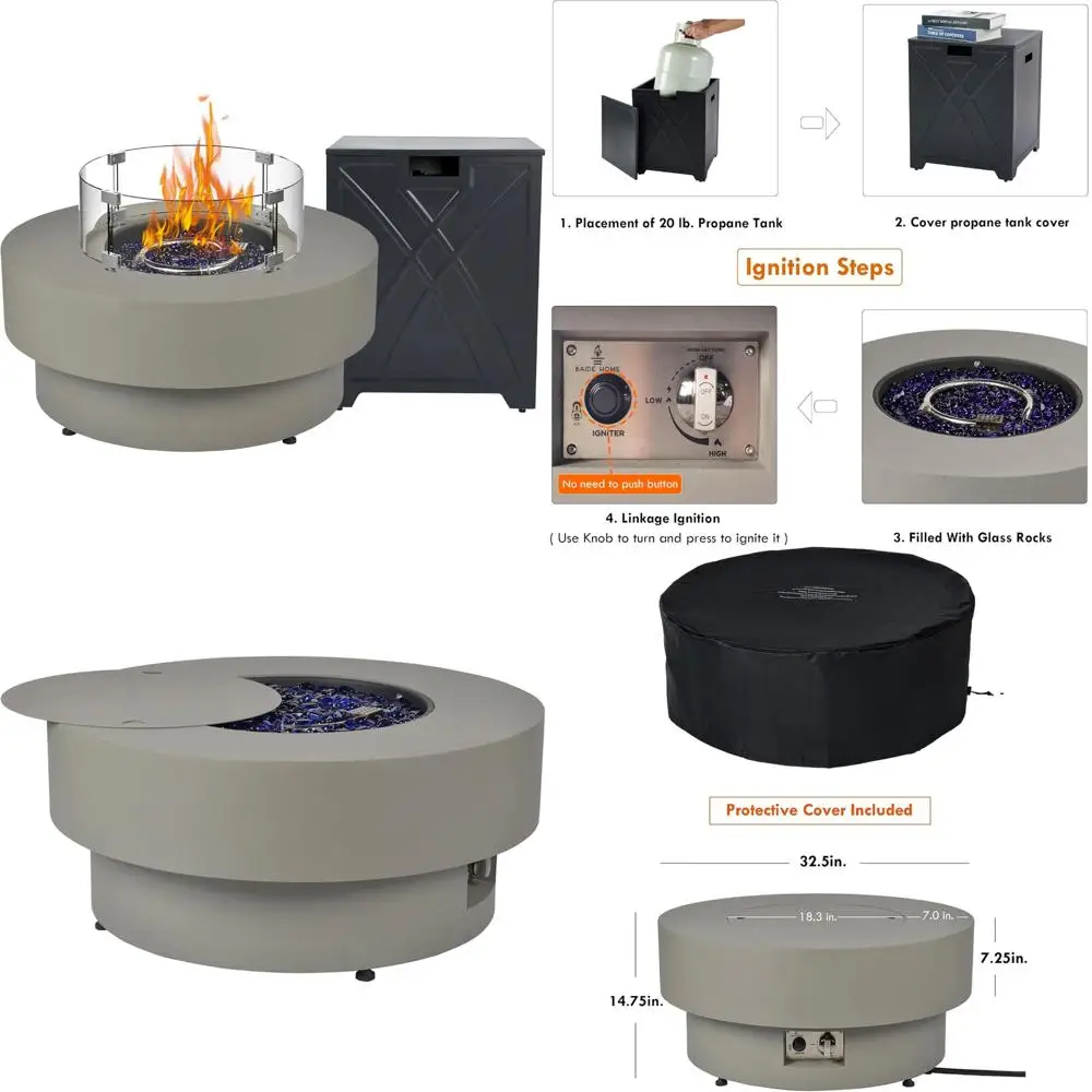 

Стол для костра на пропане на открытом воздухе с разрешением 50 000 БТЕ, диаметром 32,5 дюйма, крышкой бака 20 фунтов, ветрозащитным экраном для развлечений на открытом воздухе