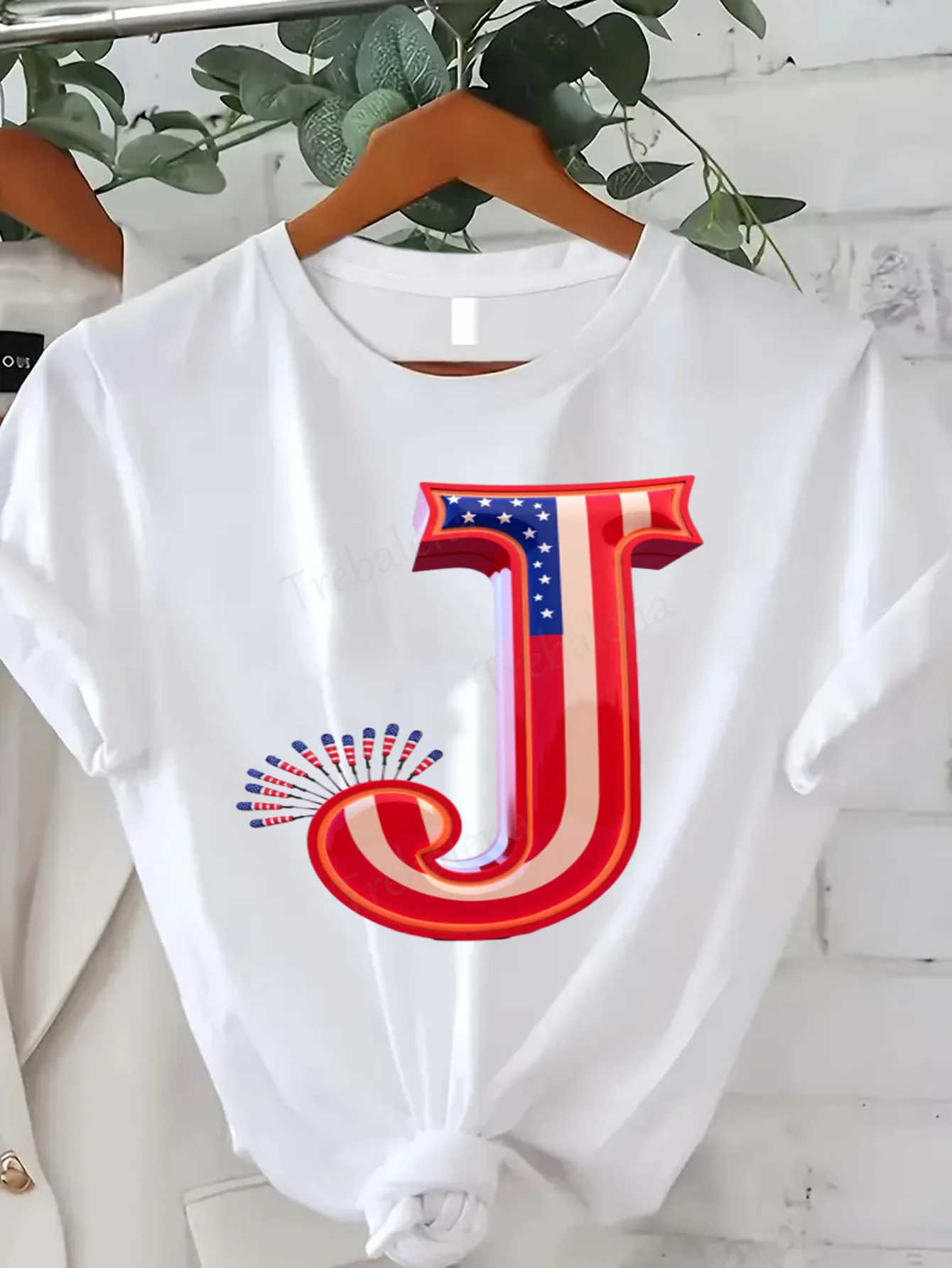 Comfortable Women's Print T-shirt Patriotic J Initial T-Shirt for Women, USA Flag Design, 4th of July Celebration