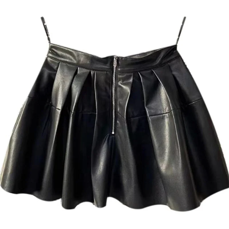 

Black leather PU short skirt women's A-line skirt new high waist short pleated mini skirt