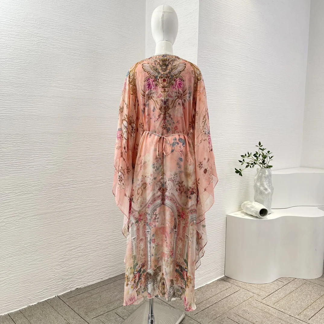 

Pink Floral Print Long Sleeve Deep V Neck Diamonds Midi Dress