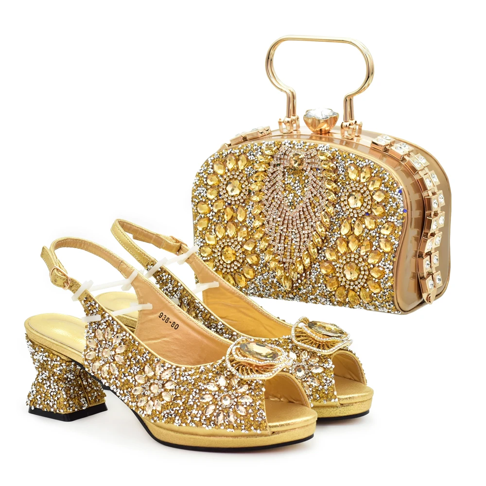 Latest Party Shoes and Bags To Match for Nigerian Full Rhinestone Italian Shoe and Bag Set for Party in Women Bride Ladies Shoes