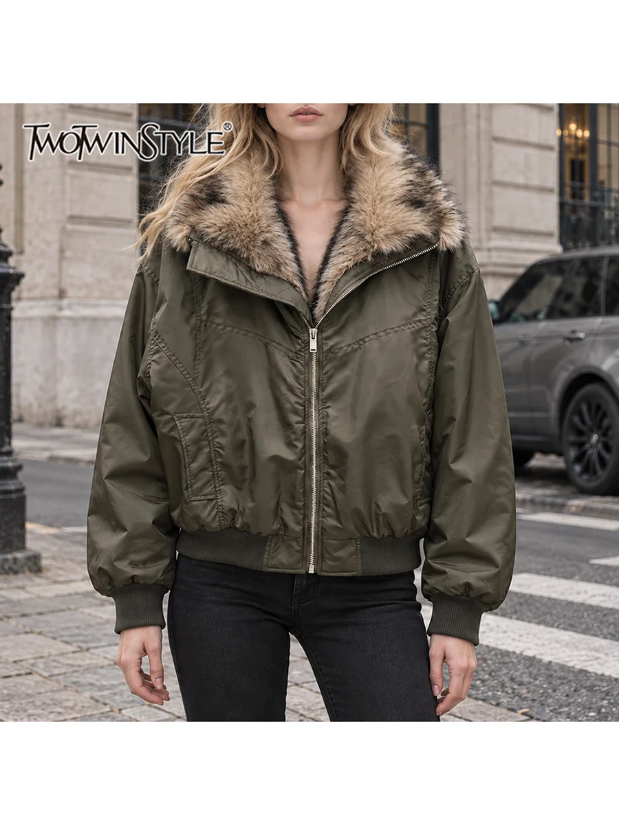 TWOTWINSTYLE Fluffy Spliced Zipper Loose Jacket for Women Lapel Collar Long Sleeve Patchwork Pocket Casual Jackets Female Style