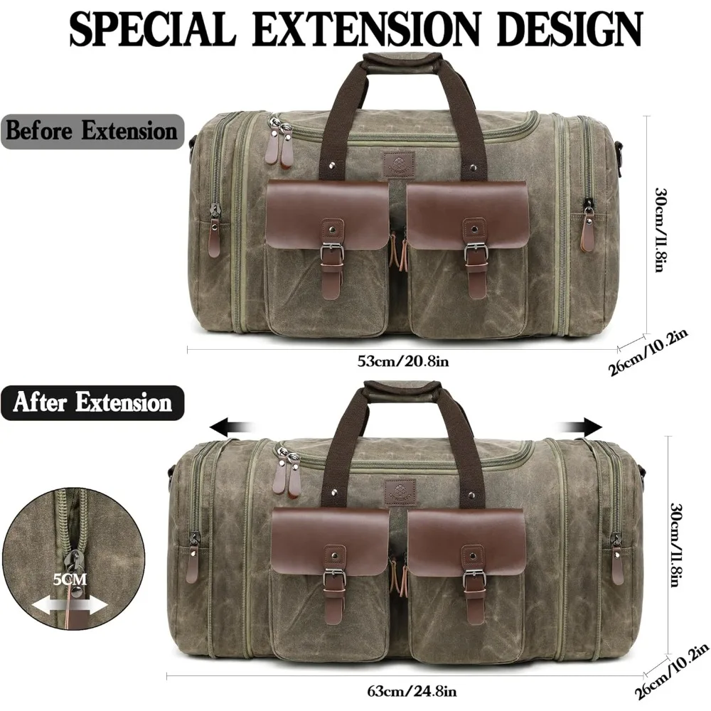 حقيبة سفر للرجال قابلة للتوسيع سعة 60 لترًا من القماش الخشن مع جلد طبيعي - حقيبة أمتعة لحمل عطلة نهاية الأسبوع لرحلات عطلة نهاية الأسبوع #2